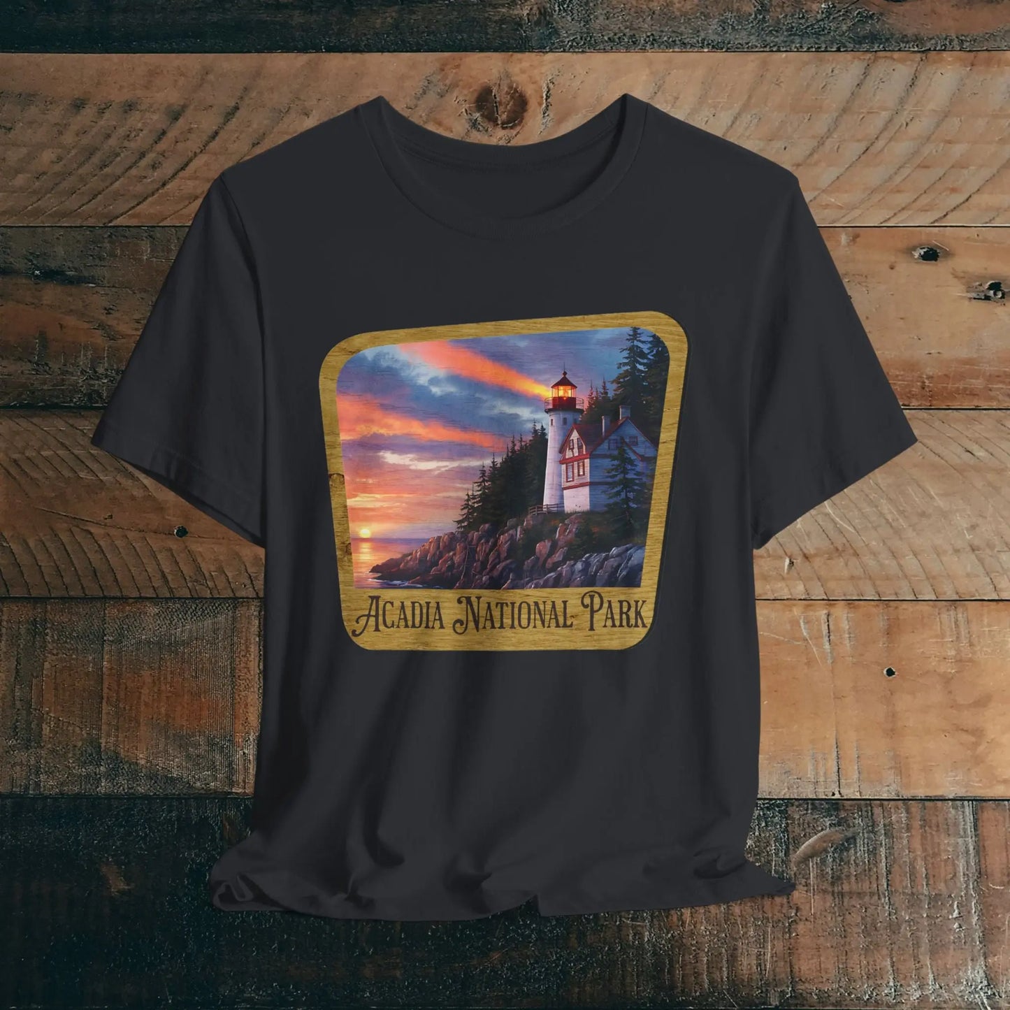 Acadia National Park Unisex Fit Short Sleeve T-Shirt Wood Sign T-Shirt Printify Vintage Black XS