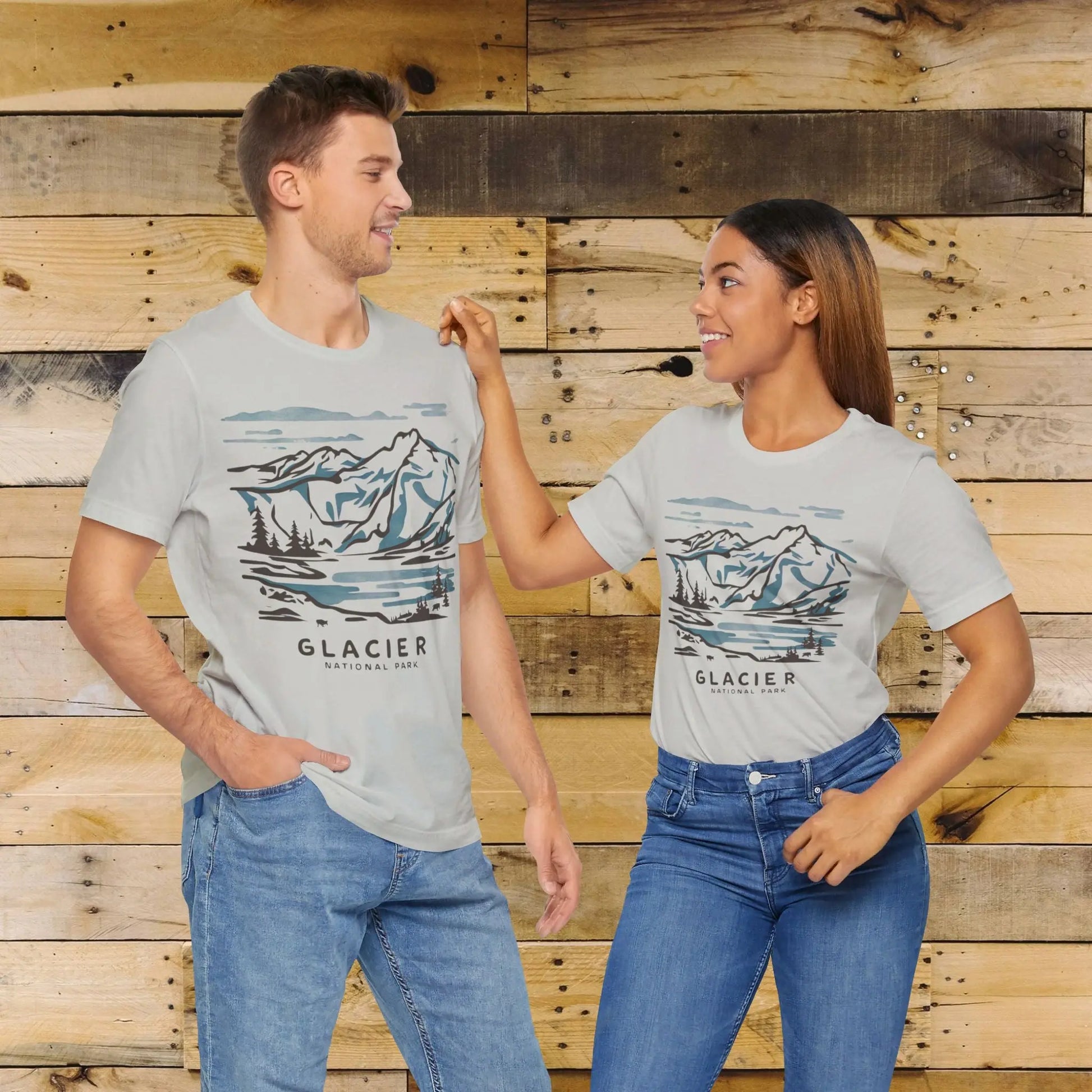 Glacier National Park Unisex Fit Soft T-Shirt Watercolor Line Art T-Shirt Printify