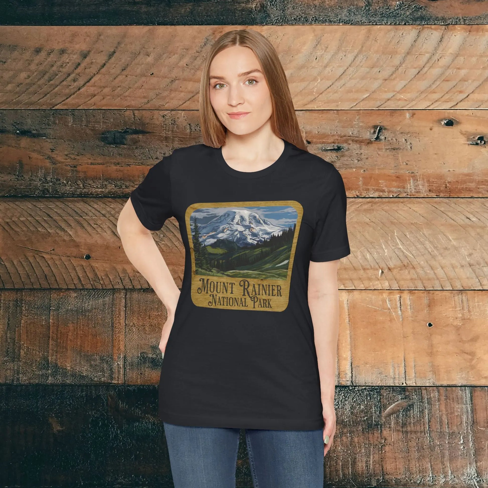 Mount Rainier National Park Unisex Fit Short Sleeve T-Shirt Wood Sign T-Shirt Printify