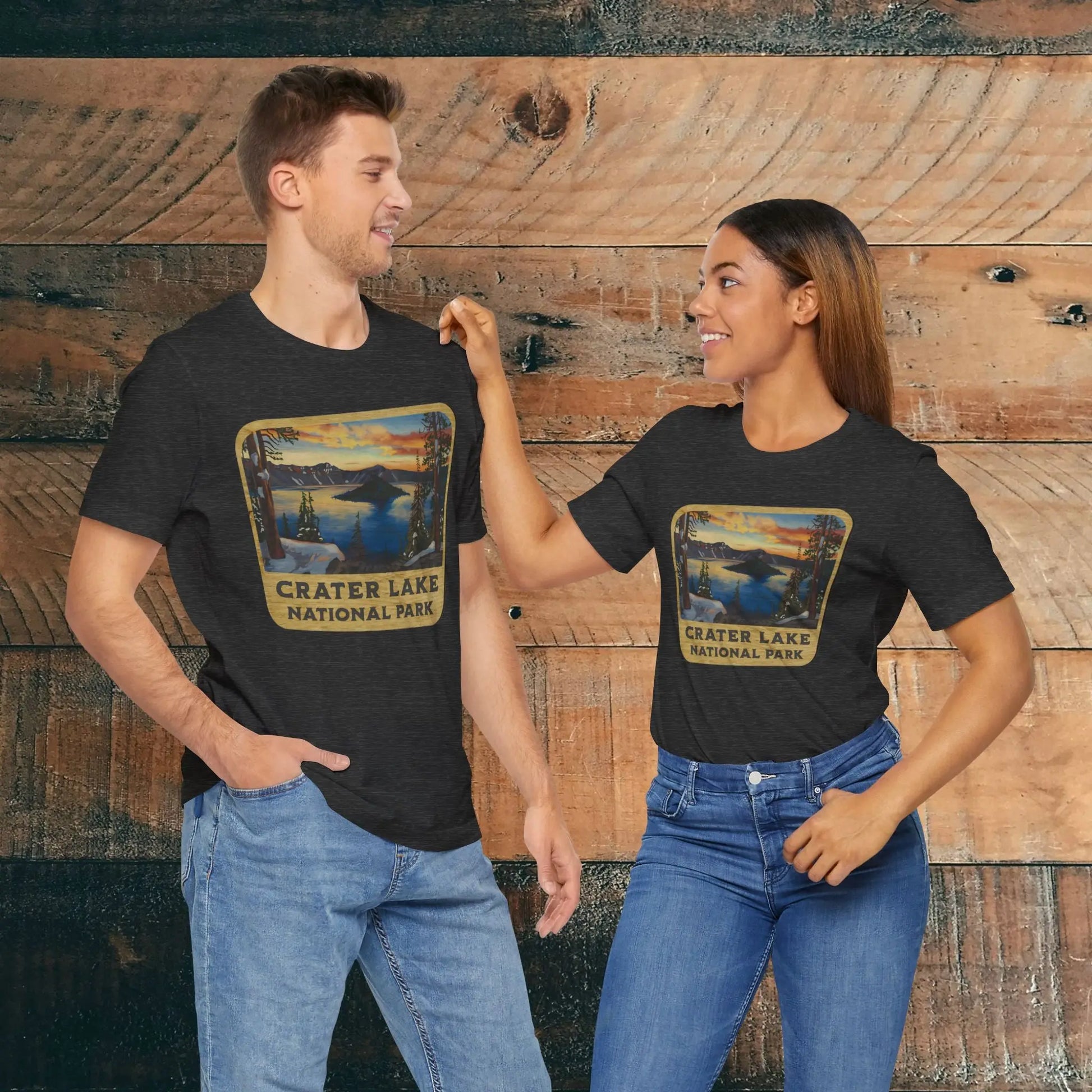 Crater Lake National Park Unisex Fit Short Sleeve T-Shirt Wood Sign T-Shirt Printify