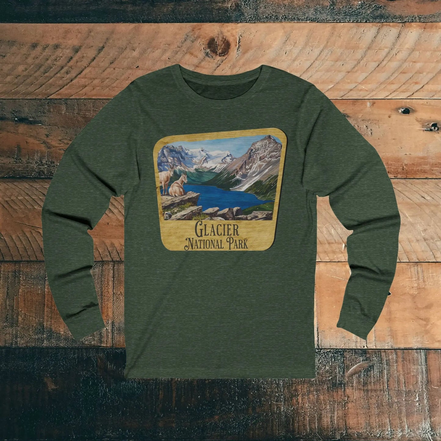 Glacier National Park Unisex Fit Long Sleeve T-Shirt Mountain View Wood Sign Long-sleeve Printify S Heather Forest