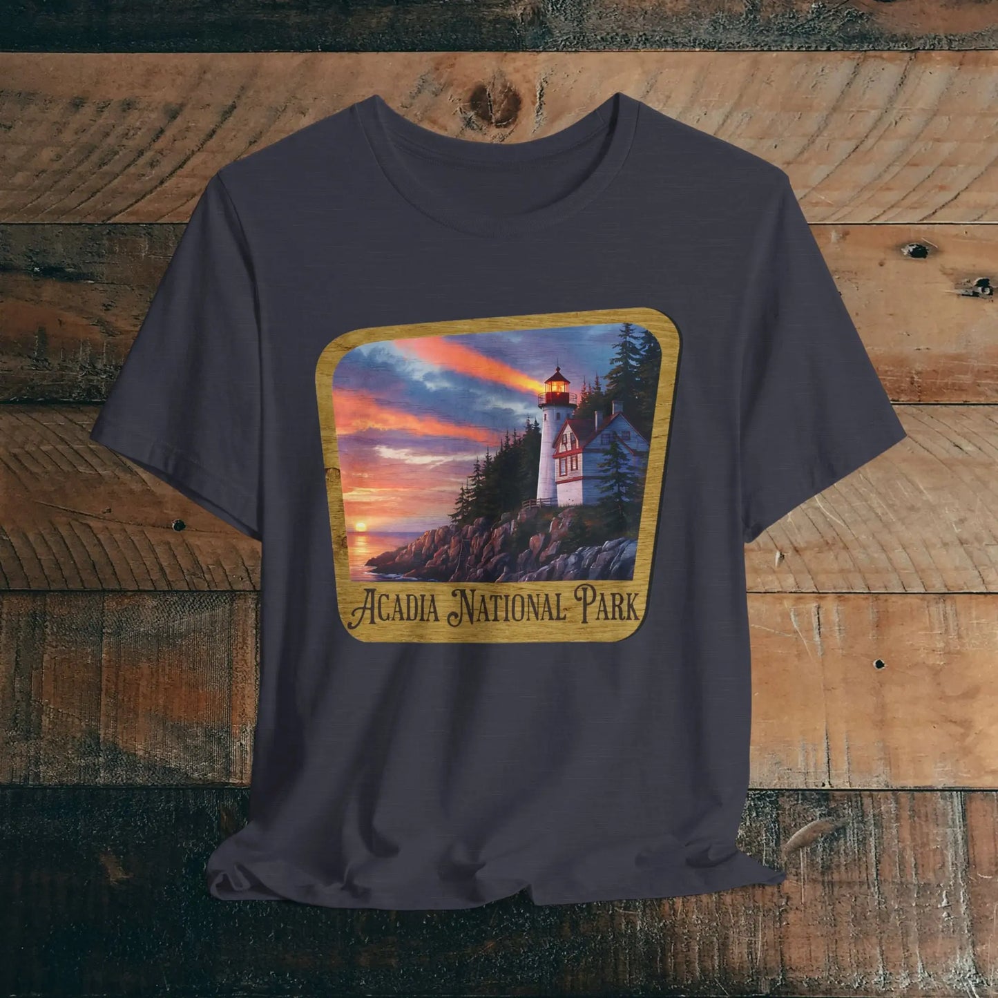 Acadia National Park Unisex Fit Short Sleeve T-Shirt Wood Sign T-Shirt Printify Heather Midnight Navy XS