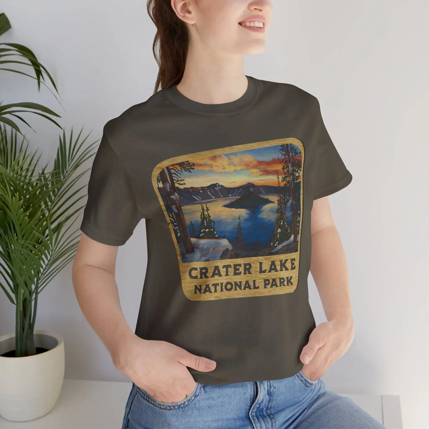 Crater Lake National Park Unisex Fit Short Sleeve T-Shirt Wood Sign T-Shirt Printify
