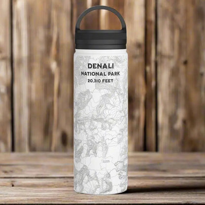 Denali National Park Topographic Stainless Steel Water Bottle Handle Lid Alaska 20,310 Ft. Mug Printify White 18oz