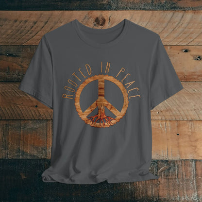 Rooted In Peace Sign Rustic Wood Look Unisex Fit Short Sleeve T-Shirt Tree Roots T-Shirt Printify Asphalt XS