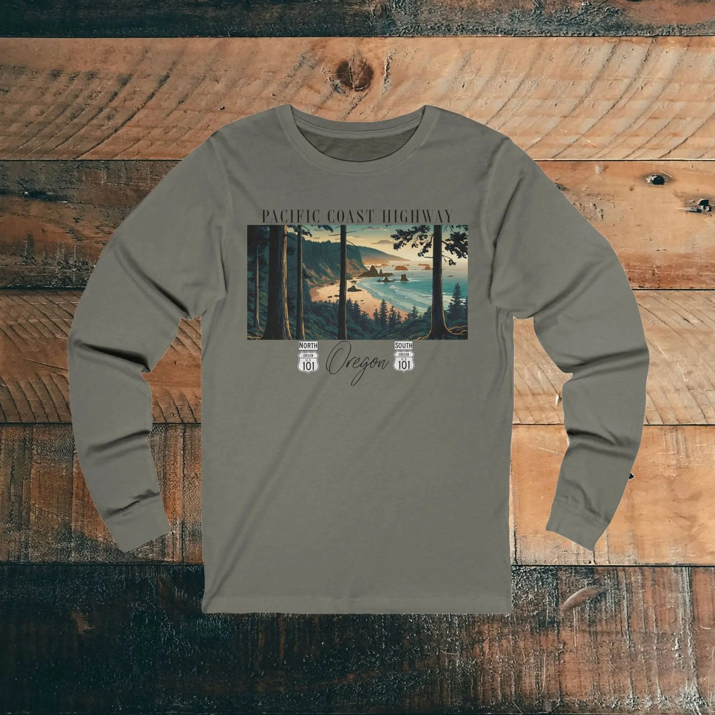 Pacific Coast Highway Oregon Shore Unisex Fit Long Sleeve T-shirt Highway 101 Long-sleeve Printify S Grey TriBlend