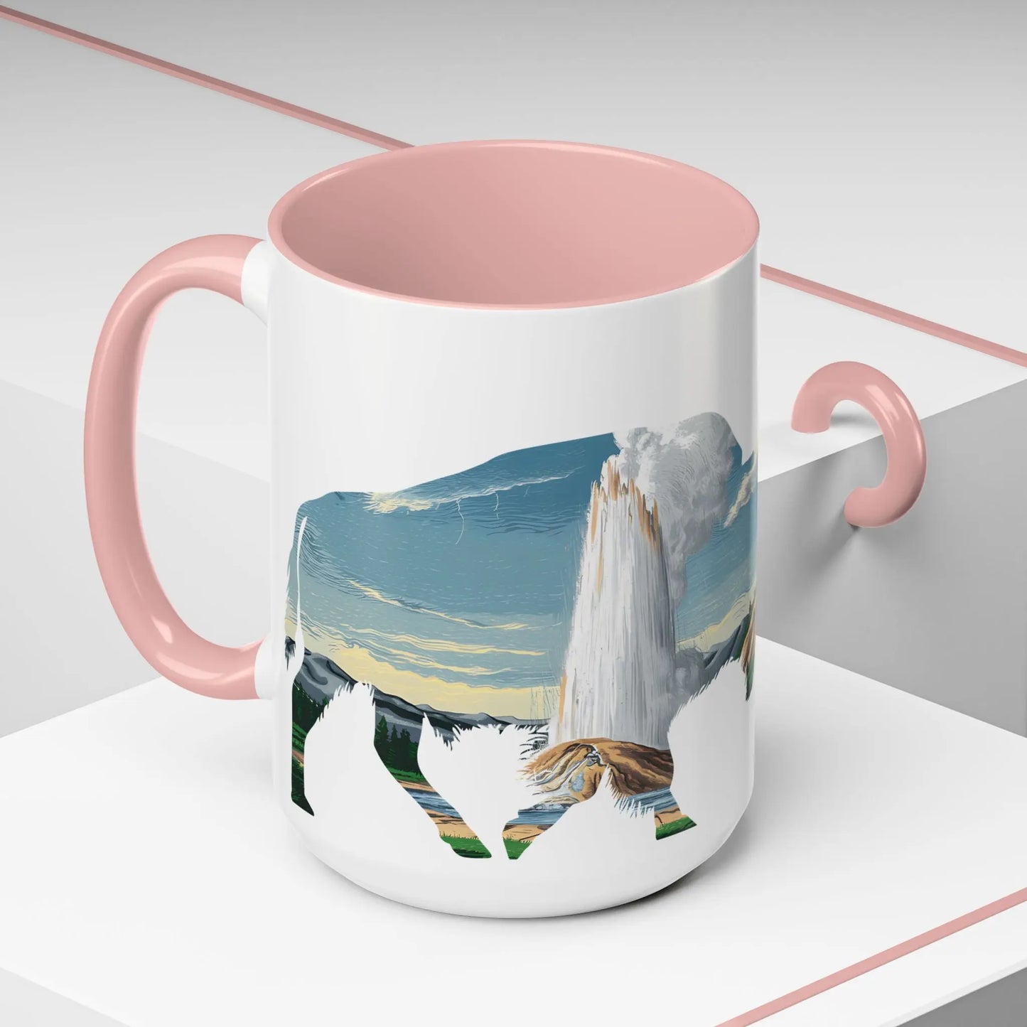 Yellowstone National Park Buffalo old Faithful Geyser Accent Coffee Mug 11oz 15oz Blue Black Pink Red Mug Printify