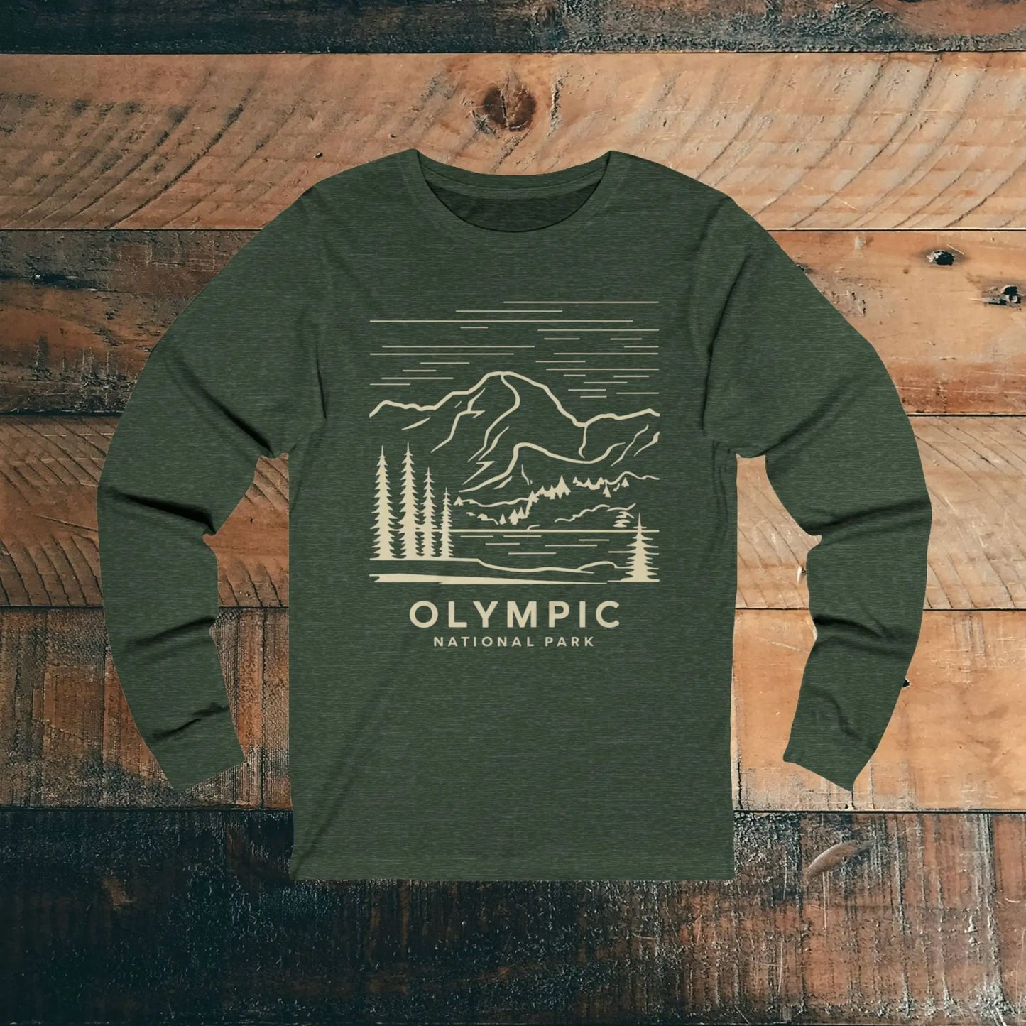 Olympic National Park Unisex Fit Long Sleeve T-Shirt Mountain Line Art Long-sleeve Printify S Heather Forest