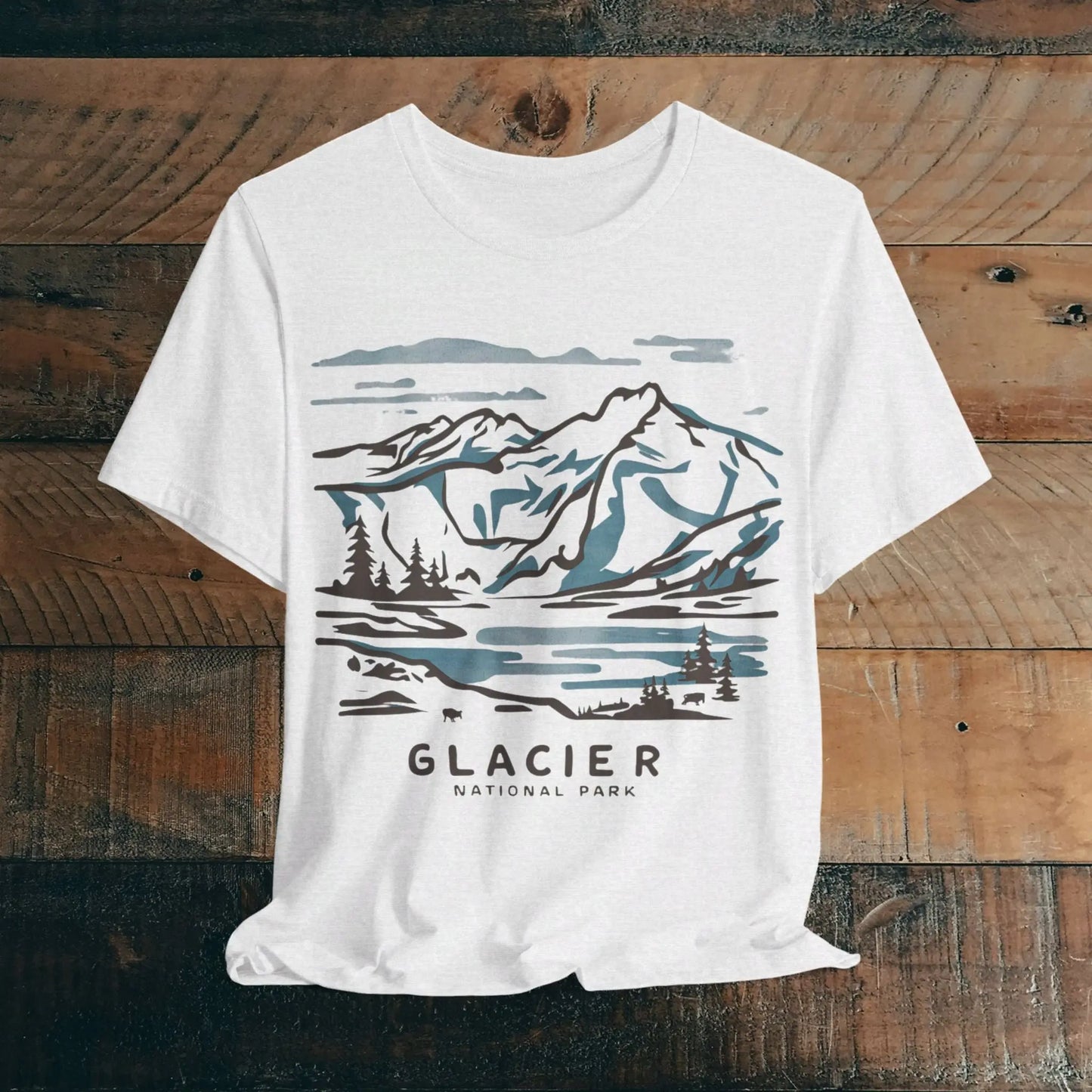 Glacier National Park Unisex Fit Soft T-Shirt Watercolor Line Art T-Shirt Printify Ash S