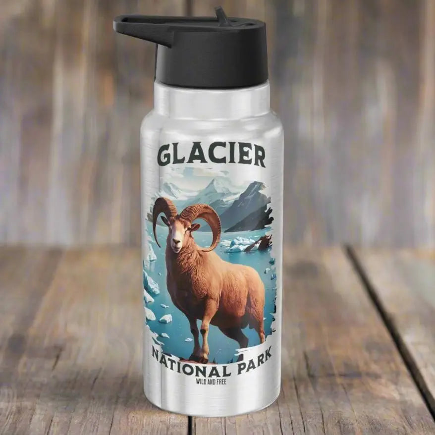 Glacier National Park Insulated Water Bottle Tumbler 32oz Big Horned Sheep Mug Printify Silver 32oz