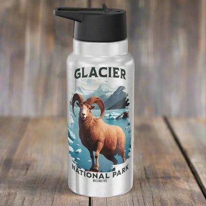 Glacier National Park Insulated Water Bottle Tumbler 32oz Big Horned Sheep Mug Printify Silver 32oz