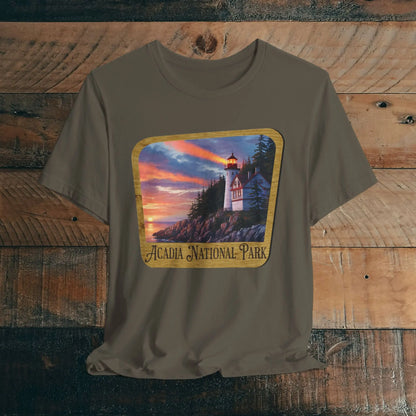 Acadia National Park Unisex Fit Short Sleeve T-Shirt Wood Sign T-Shirt Printify Army XS