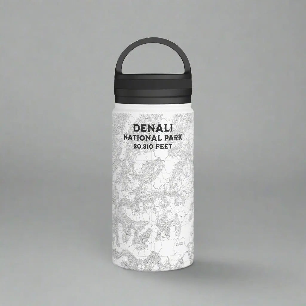 Denali National Park Topographic Stainless Steel Water Bottle Handle Lid Alaska 20,310 Ft. Mug Printify White 12oz