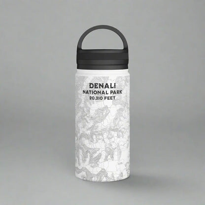 Denali National Park Topographic Stainless Steel Water Bottle Handle Lid Alaska 20,310 Ft. Mug Printify White 12oz
