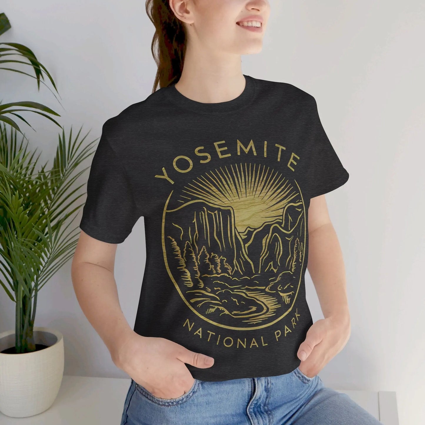 Yosemite National Park Valley Outline Art Unisex Fit Soft T-Shirt Wood Pattern T-Shirt Printify