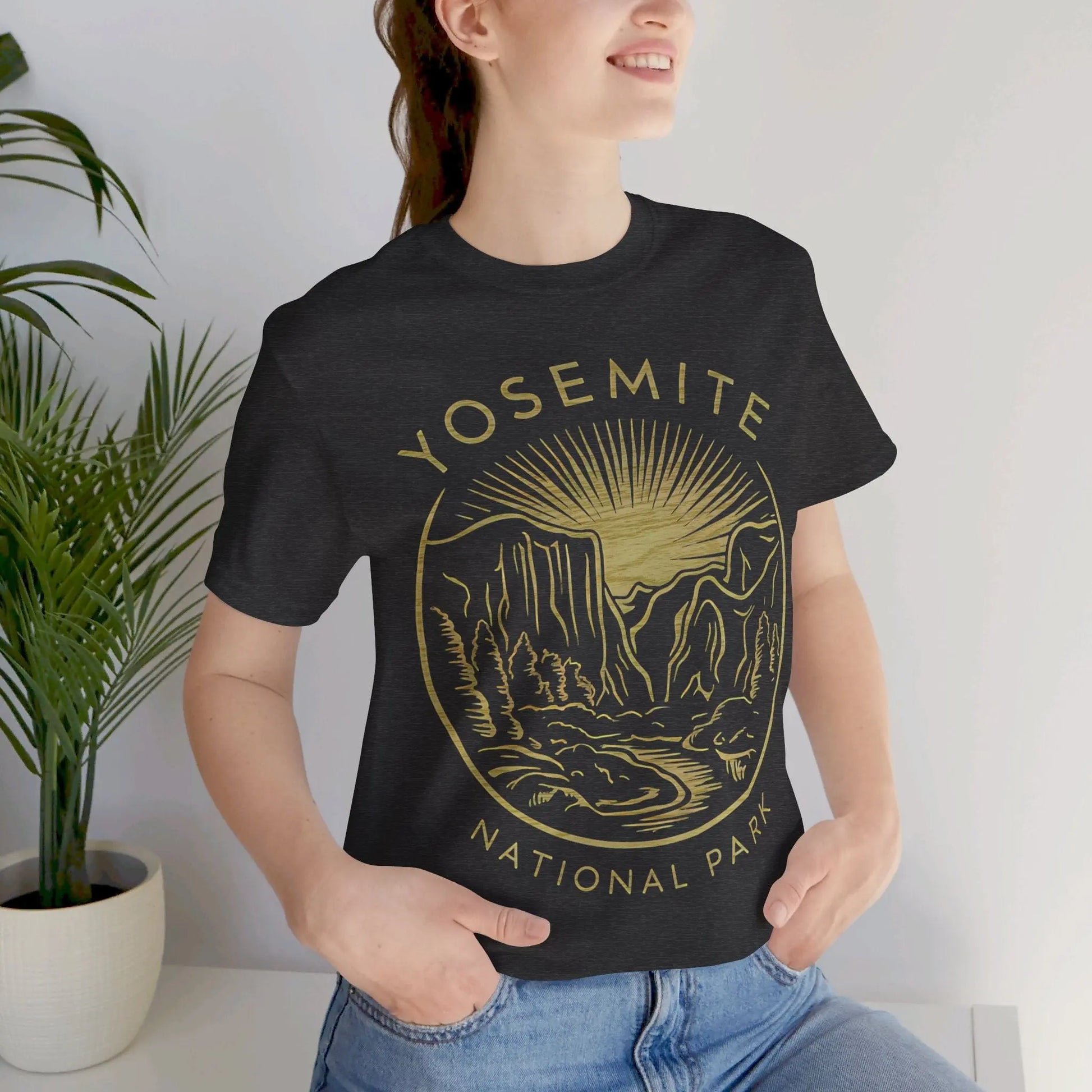 Yosemite National Park Valley Outline Art Unisex Fit Soft T-Shirt Wood Pattern T-Shirt Printify