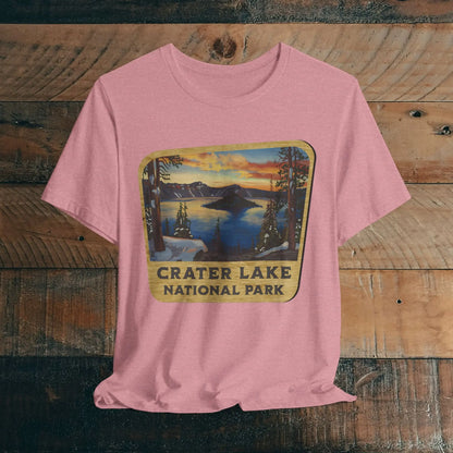 Crater Lake National Park Unisex Fit Short Sleeve T-Shirt Wood Sign T-Shirt Printify Heather Orchid S