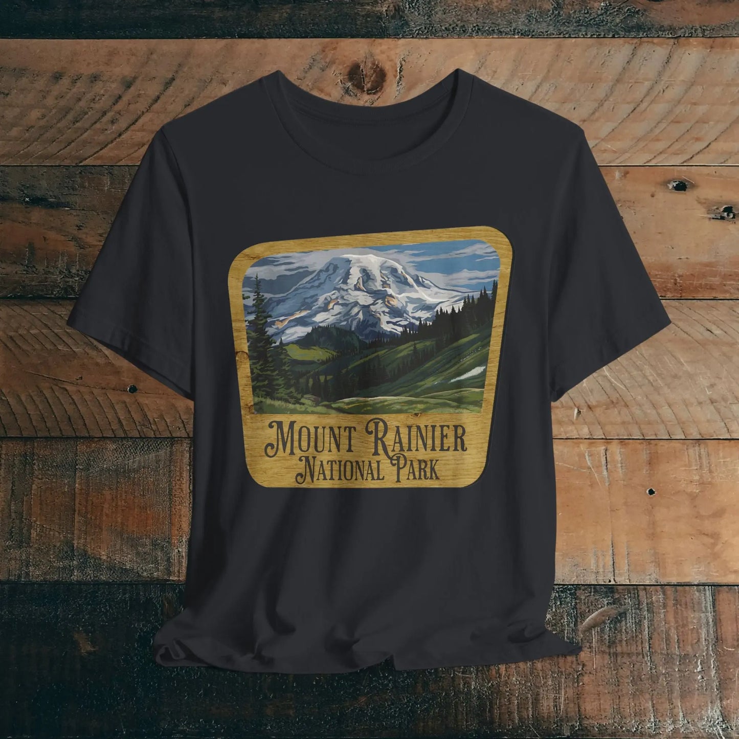 Mount Rainier National Park Unisex Fit Short Sleeve T-Shirt Wood Sign T-Shirt Printify Vintage Black XS