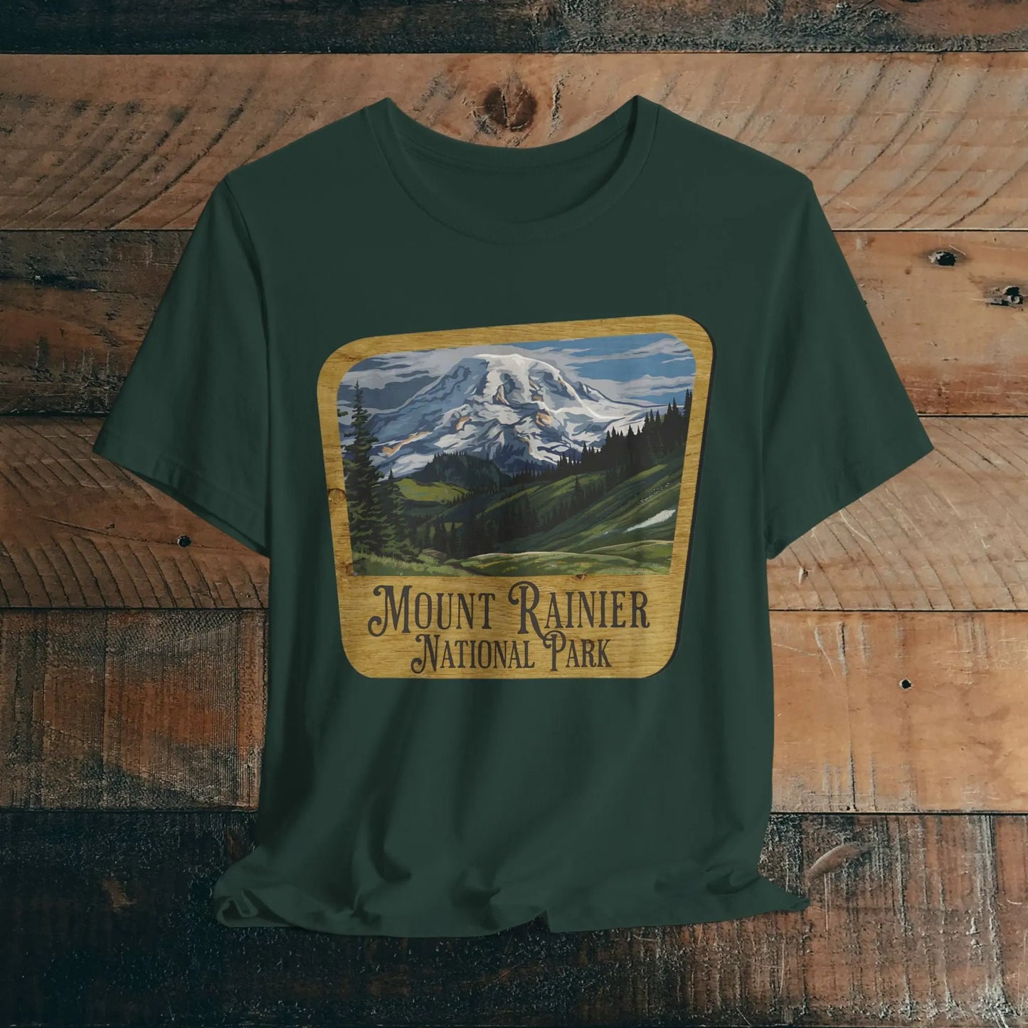 Mount Rainier National Park Unisex Fit Short Sleeve T-Shirt Wood Sign T-Shirt Printify Forest XS
