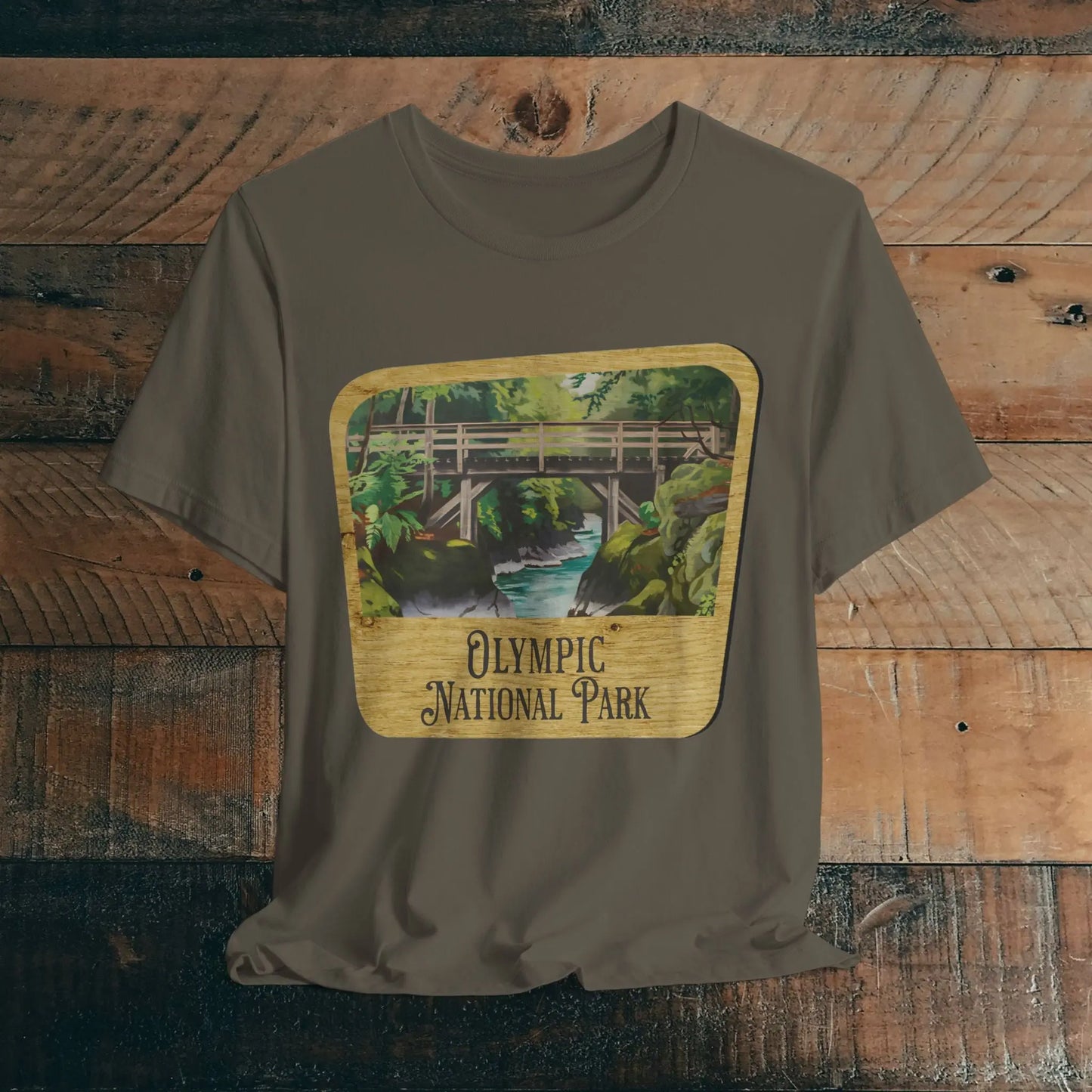 Olympic National Park Unisex Fit Short Sleeve T-Shirt Wood Sign T-Shirt Printify Army XS