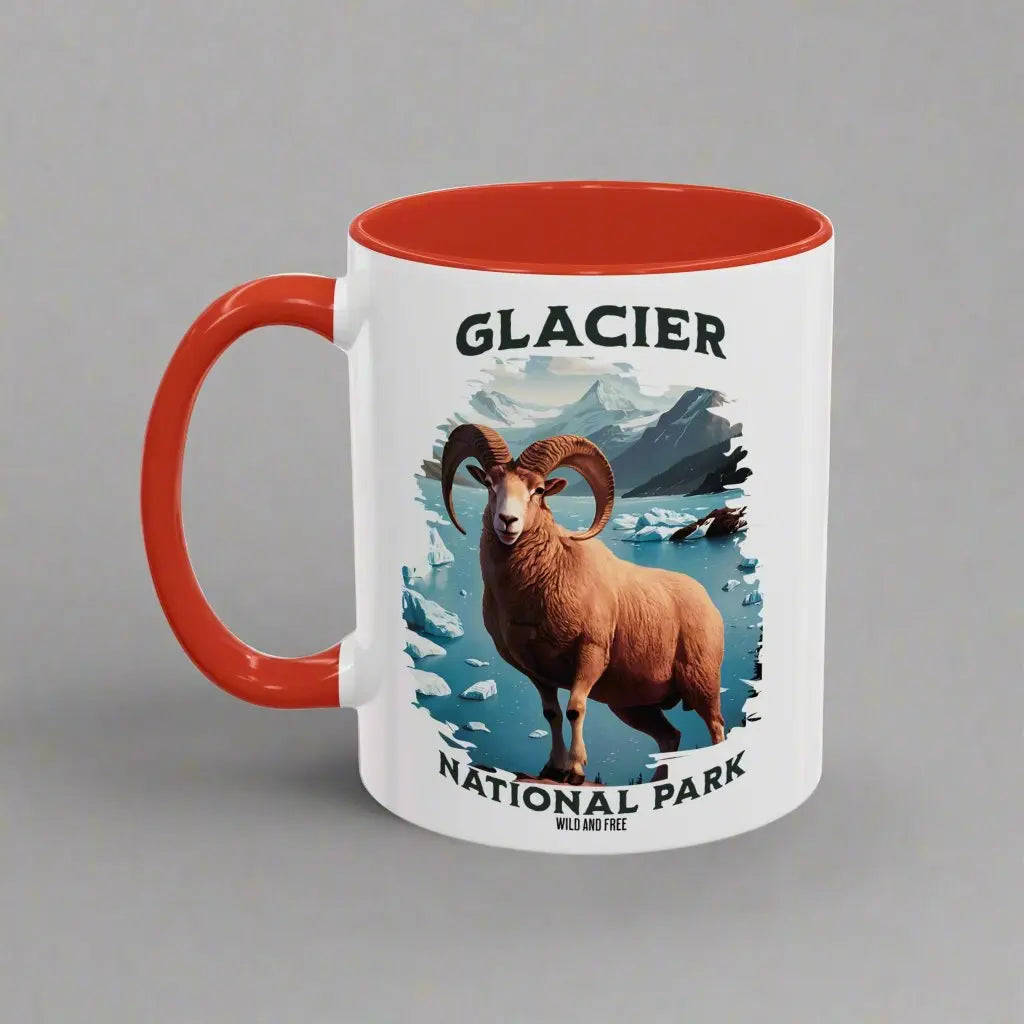 Glacier National Park Big Horned Sheep Accent Coffee Mug Mug Printify 11oz Red