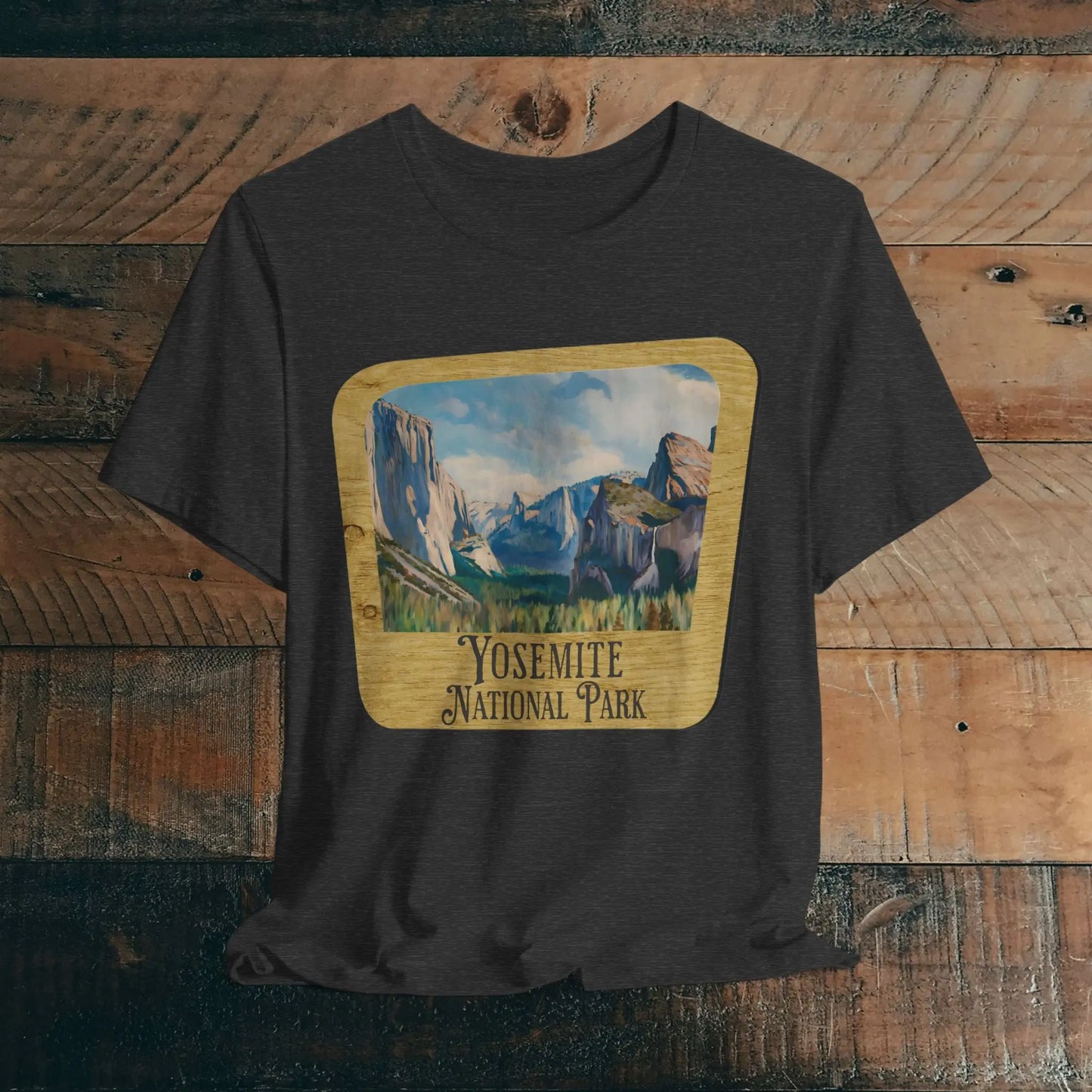 Yosemite National Park Unisex Fit Short Sleeve T-Shirt Wood Sign T-Shirt Printify Dark Grey Heather XS