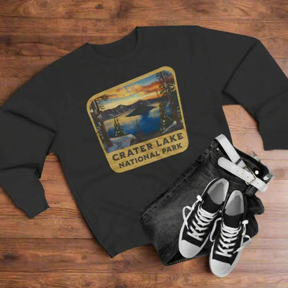Crater Lake National Park Unisex Fit Crewneck Sweatshirt Wood Sign Lake View Sweatshirt Printify S Black
