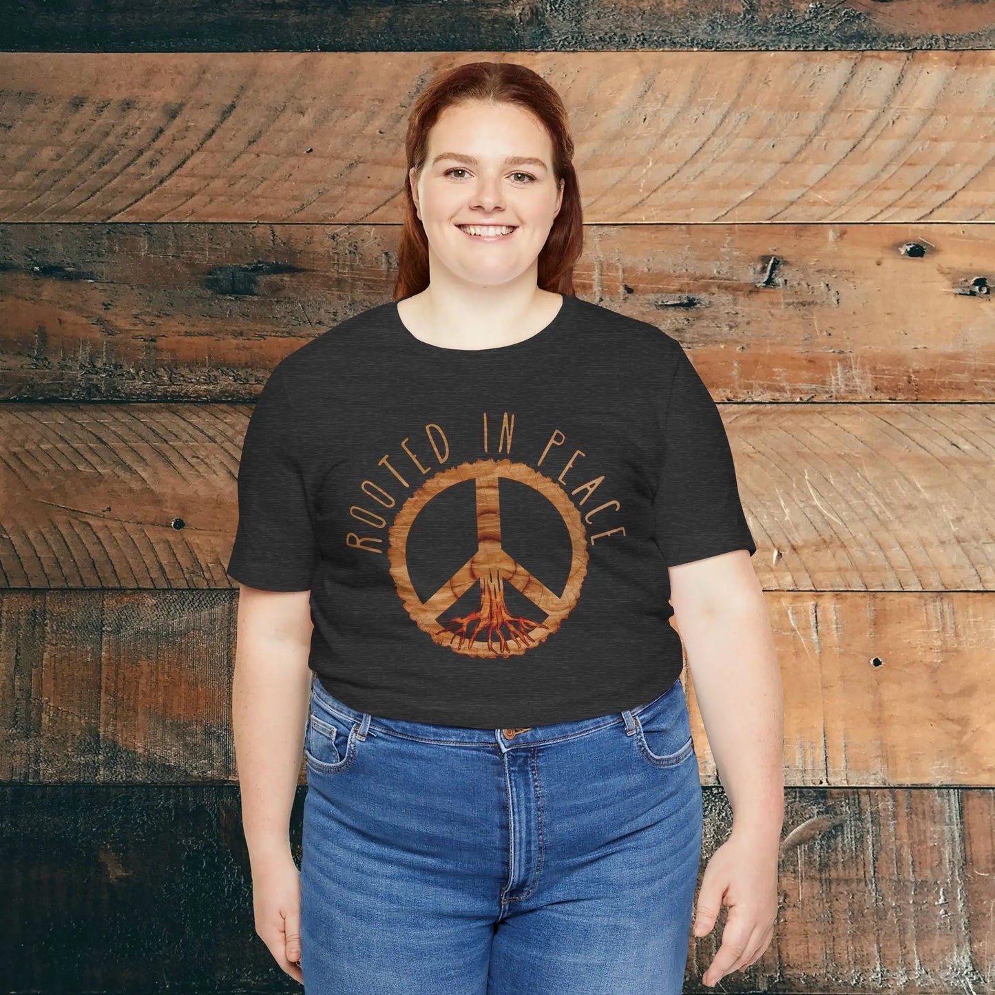 Rooted In Peace Sign Rustic Wood Look Unisex Fit Short Sleeve T-Shirt Tree Roots T-Shirt Printify