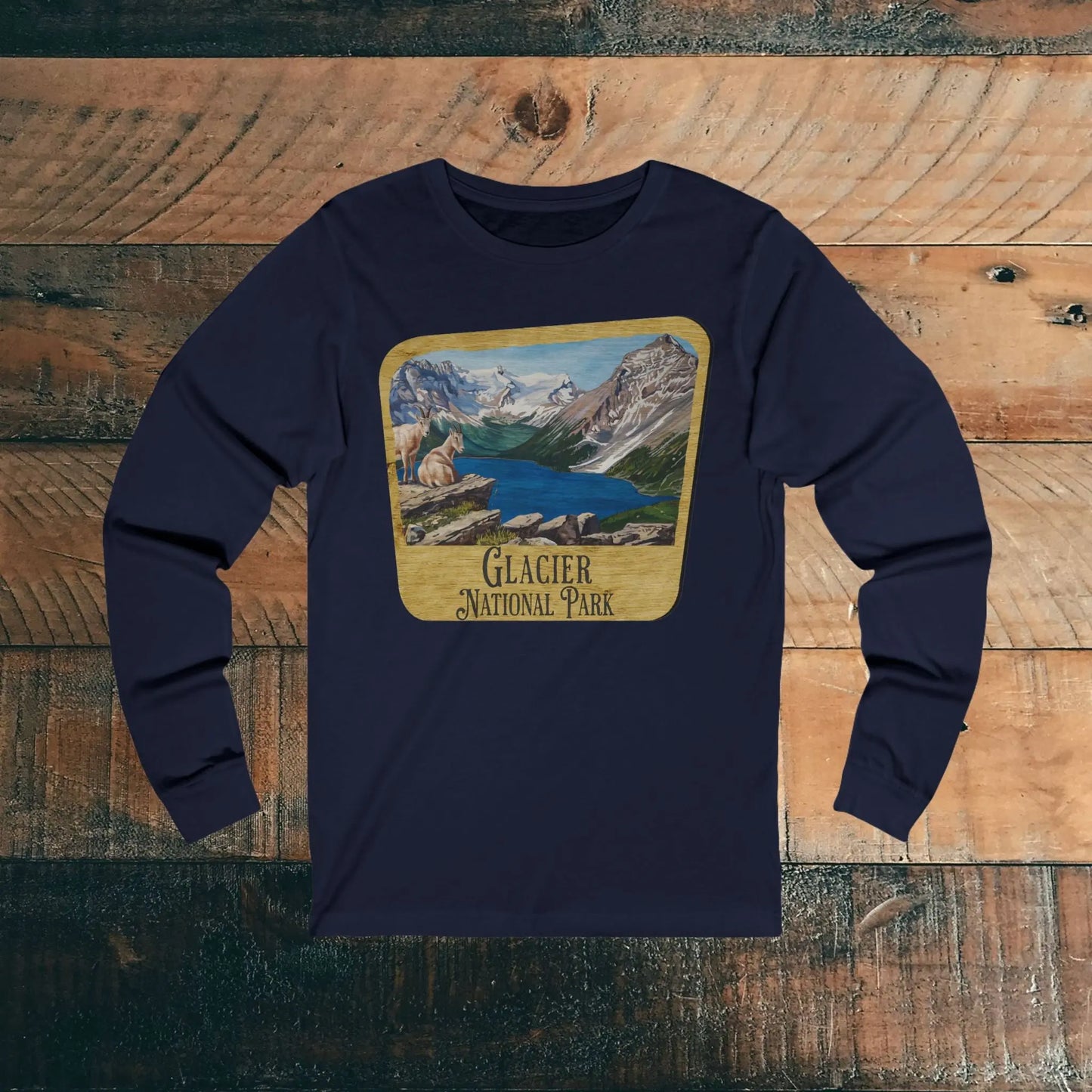 Glacier National Park Unisex Fit Long Sleeve T-Shirt Mountain View Wood Sign Long-sleeve Printify S Navy