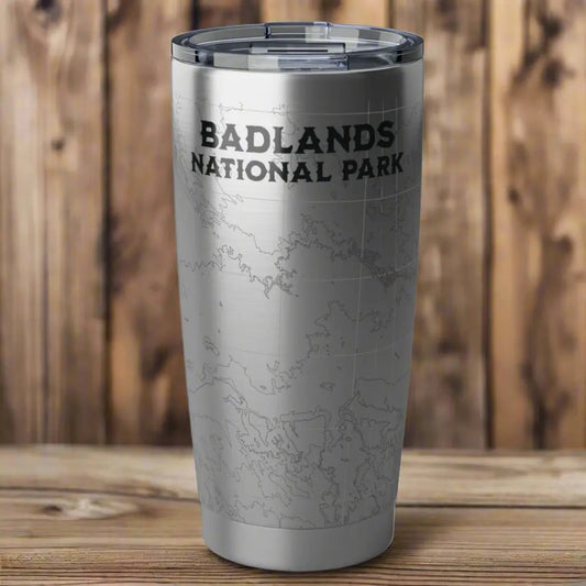 Badlands National Park Topographic Tumbler 20oz USGS Map Print South Dakota Tumbler Printify 20oz Silver