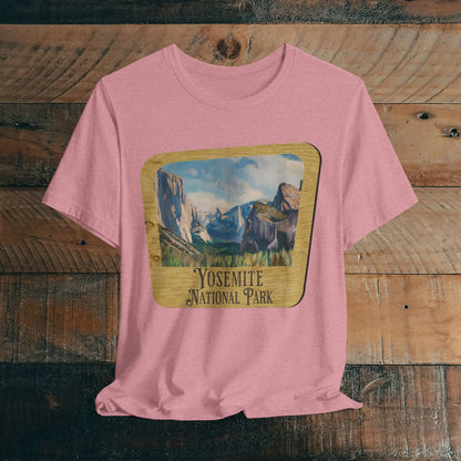 Yosemite National Park Unisex Fit Short Sleeve T-Shirt Wood Sign T-Shirt Printify Heather Orchid S