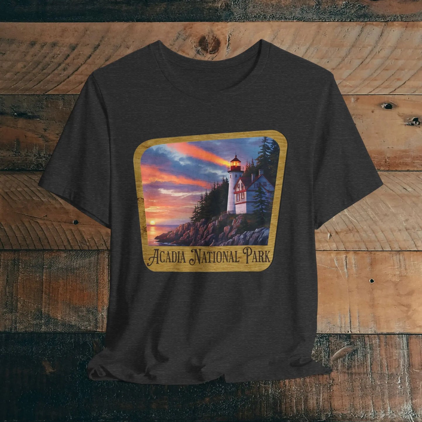Acadia National Park Unisex Fit Short Sleeve T-Shirt Wood Sign T-Shirt Printify Dark Grey Heather XS
