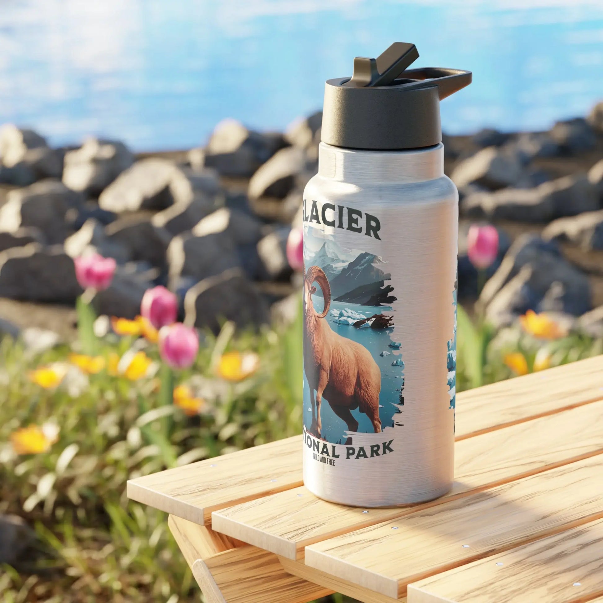 Glacier National Park Insulated Water Bottle Tumbler 32oz Big Horned Sheep Mug Printify
