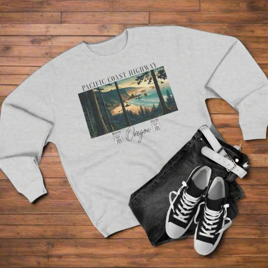Pacific Coast Highway Oregon Shore Unisex Crewneck Sweatshirt HWY 101 Sweatshirt Printify S Heather Grey