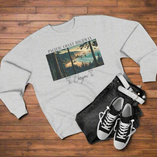 Pacific Coast Highway Oregon Shore Unisex Crewneck Sweatshirt HWY 101 Sweatshirt Printify S Heather Grey