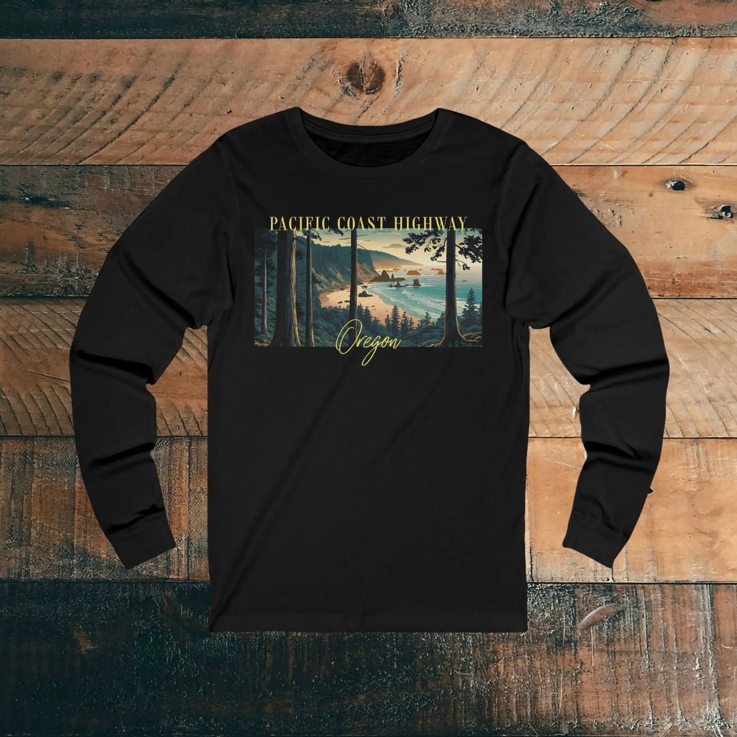 Oregon Pacific Coast Highway Unisex Long Sleeve T-shirt Long-sleeve Printify S Black
