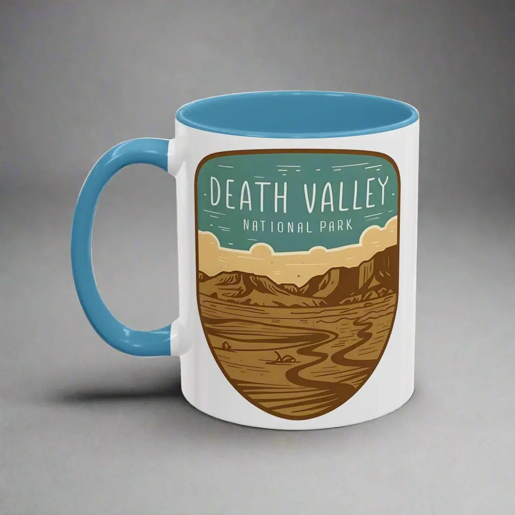 Death Valley National Park Coffee Mug 11oz 15oz Desert Shield Graphic Blue Black Pink Red Mug Printify 11oz Light Blue