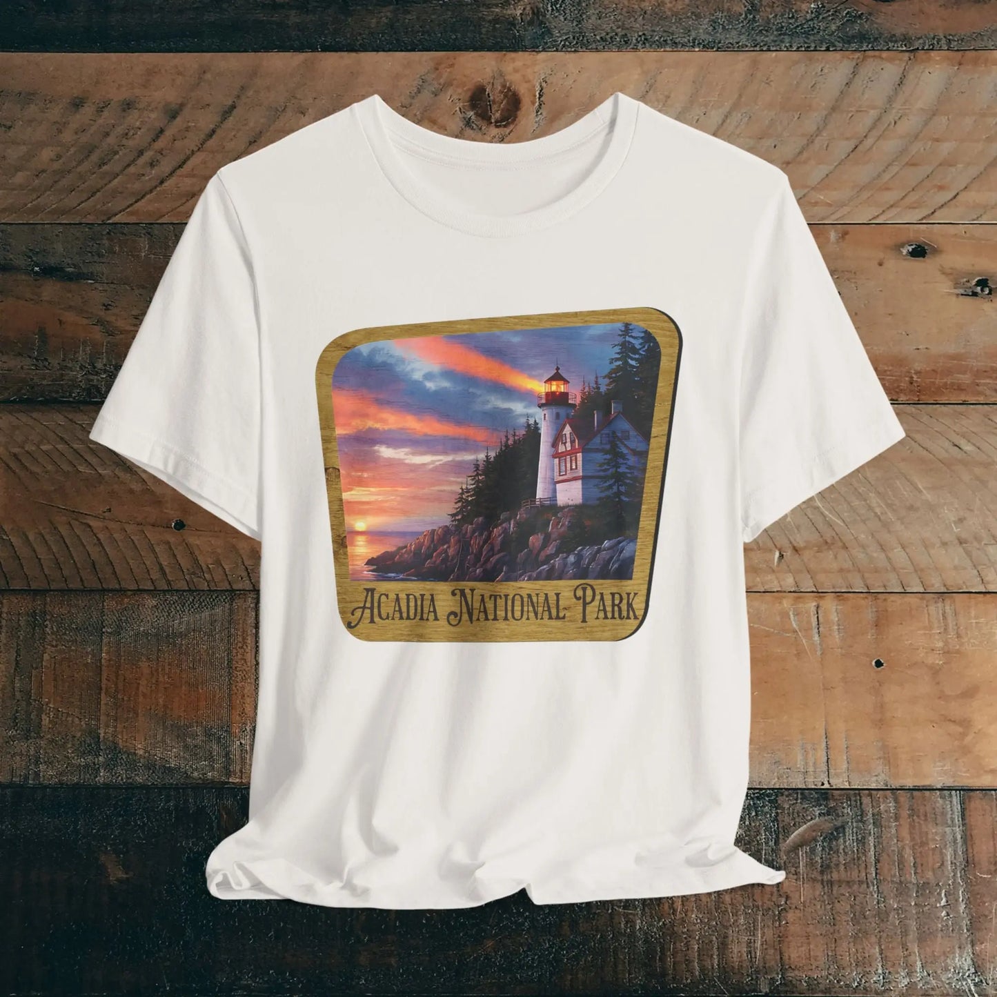 Acadia National Park Unisex Fit Short Sleeve T-Shirt Wood Sign T-Shirt Printify Vintage White XS