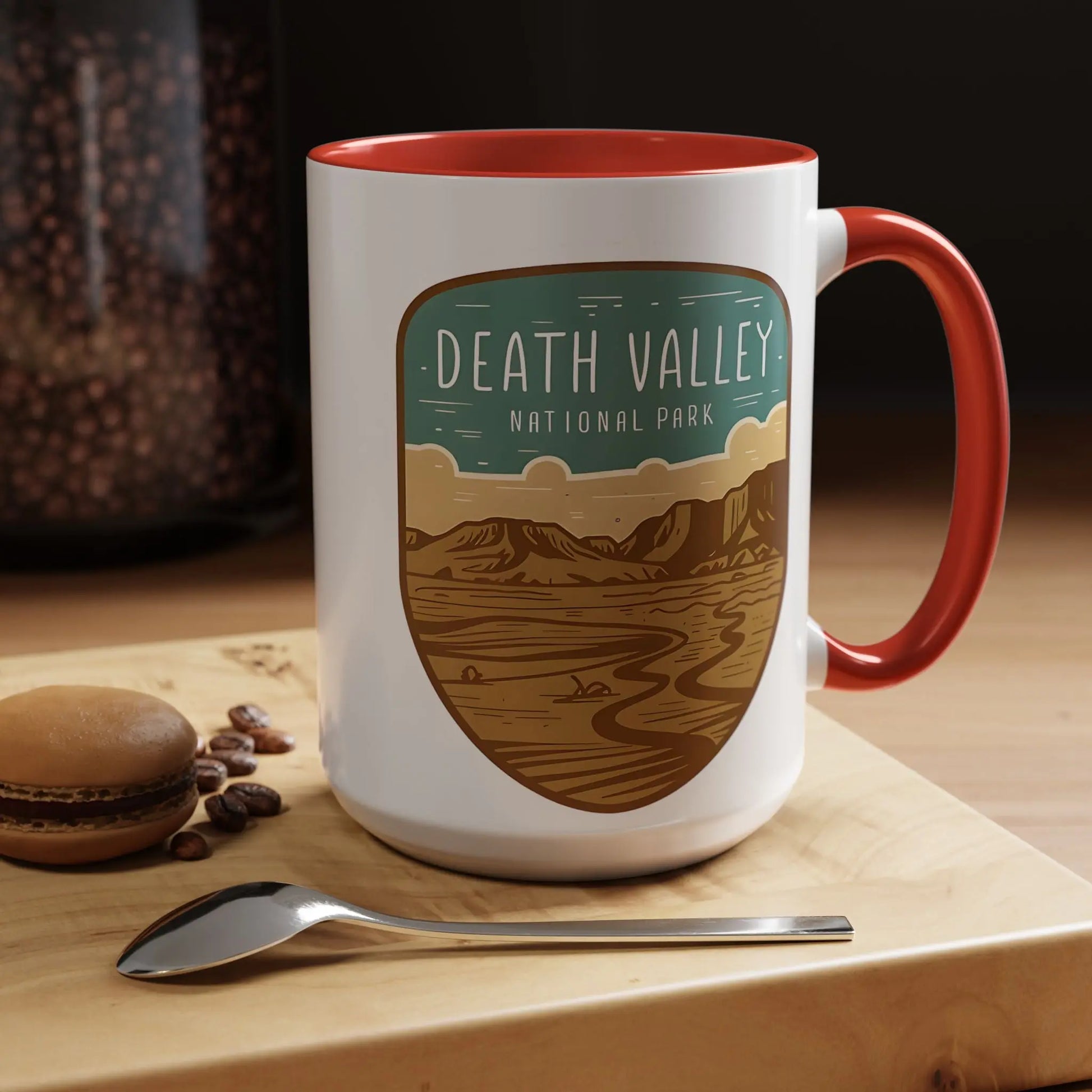 Death Valley National Park Coffee Mug 11oz 15oz Desert Shield Graphic Blue Black Pink Red Mug Printify