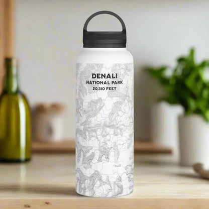 Denali National Park Topographic Stainless Steel Water Bottle Handle Lid Alaska 20,310 Ft. Mug Printify White 32oz