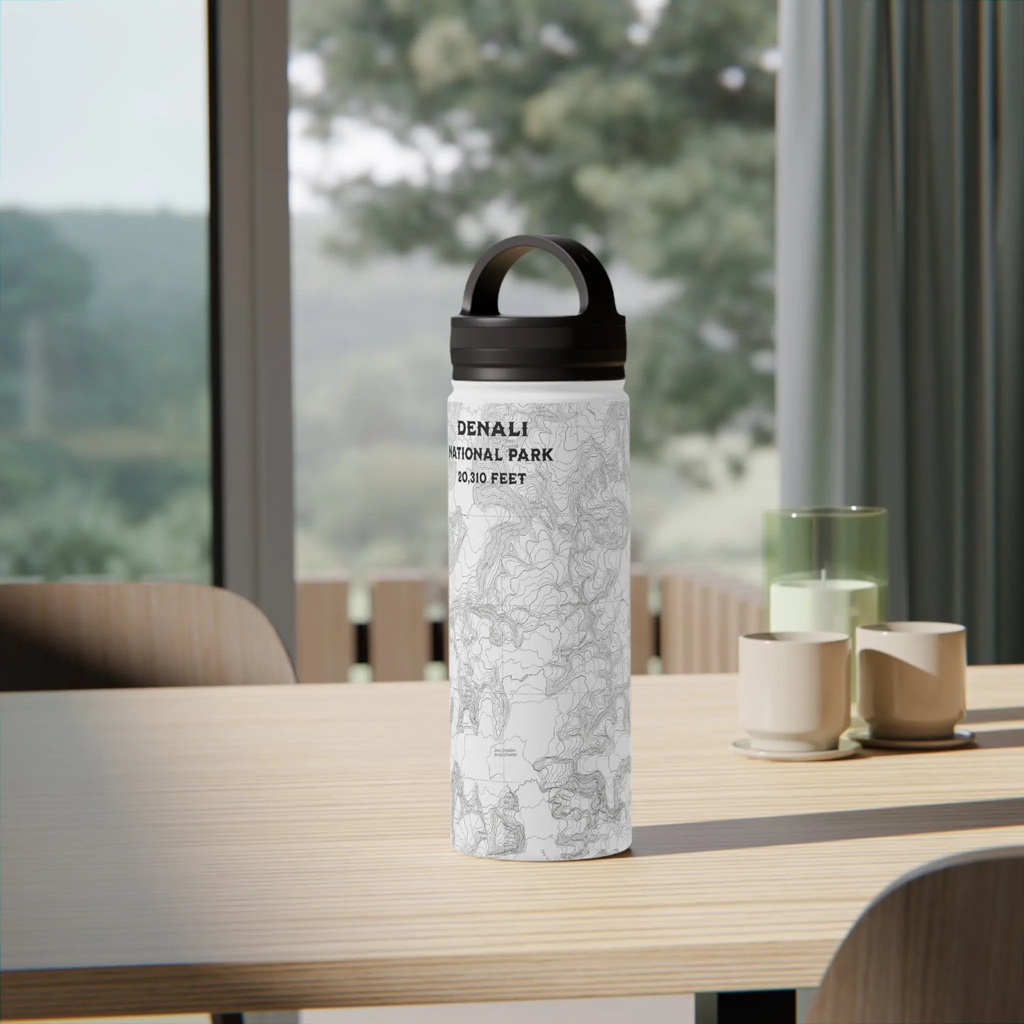 Denali National Park Topographic Stainless Steel Water Bottle Handle Lid Alaska 20,310 Ft. Mug Printify