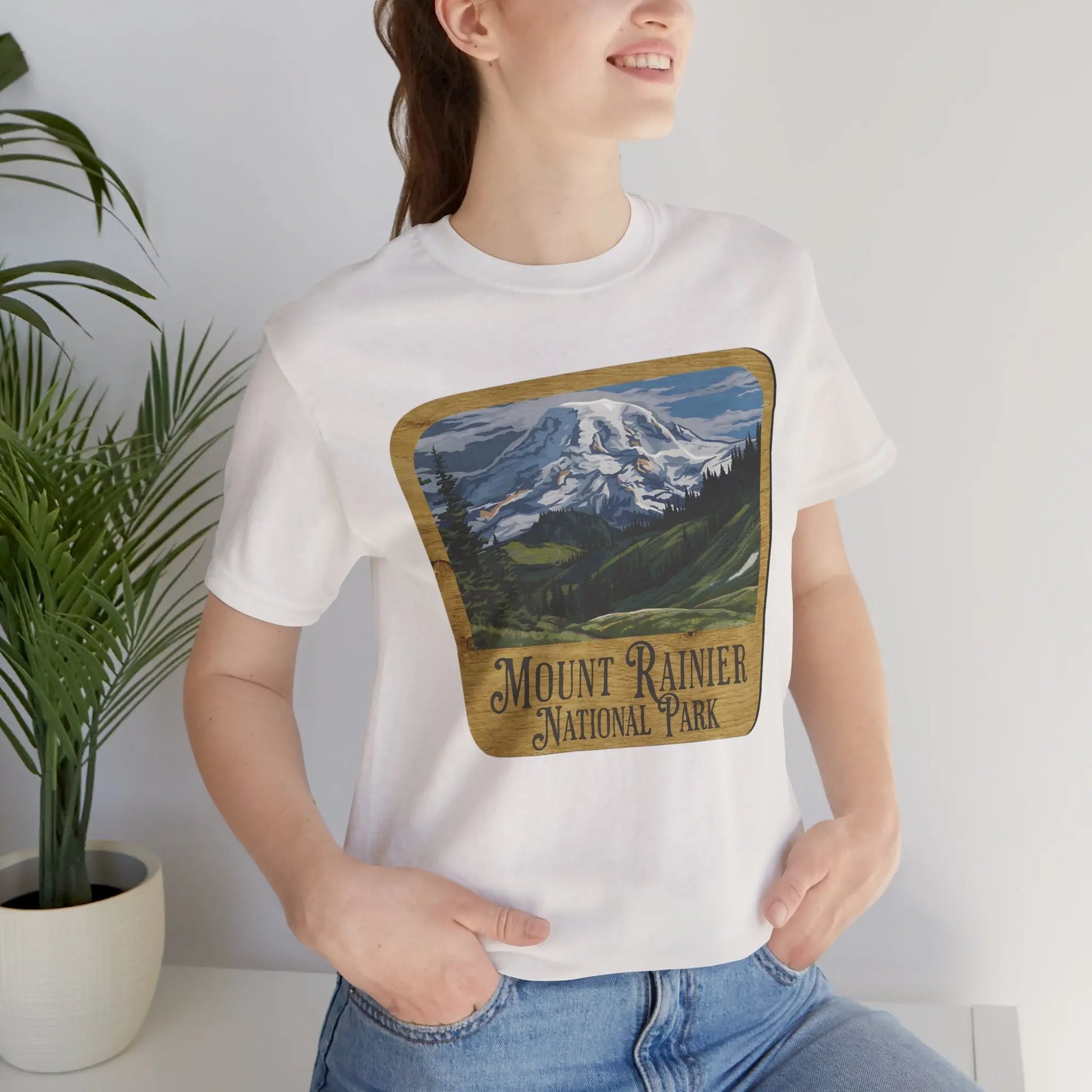 Mount Rainier National Park Unisex Fit Short Sleeve T-Shirt Wood Sign T-Shirt Printify