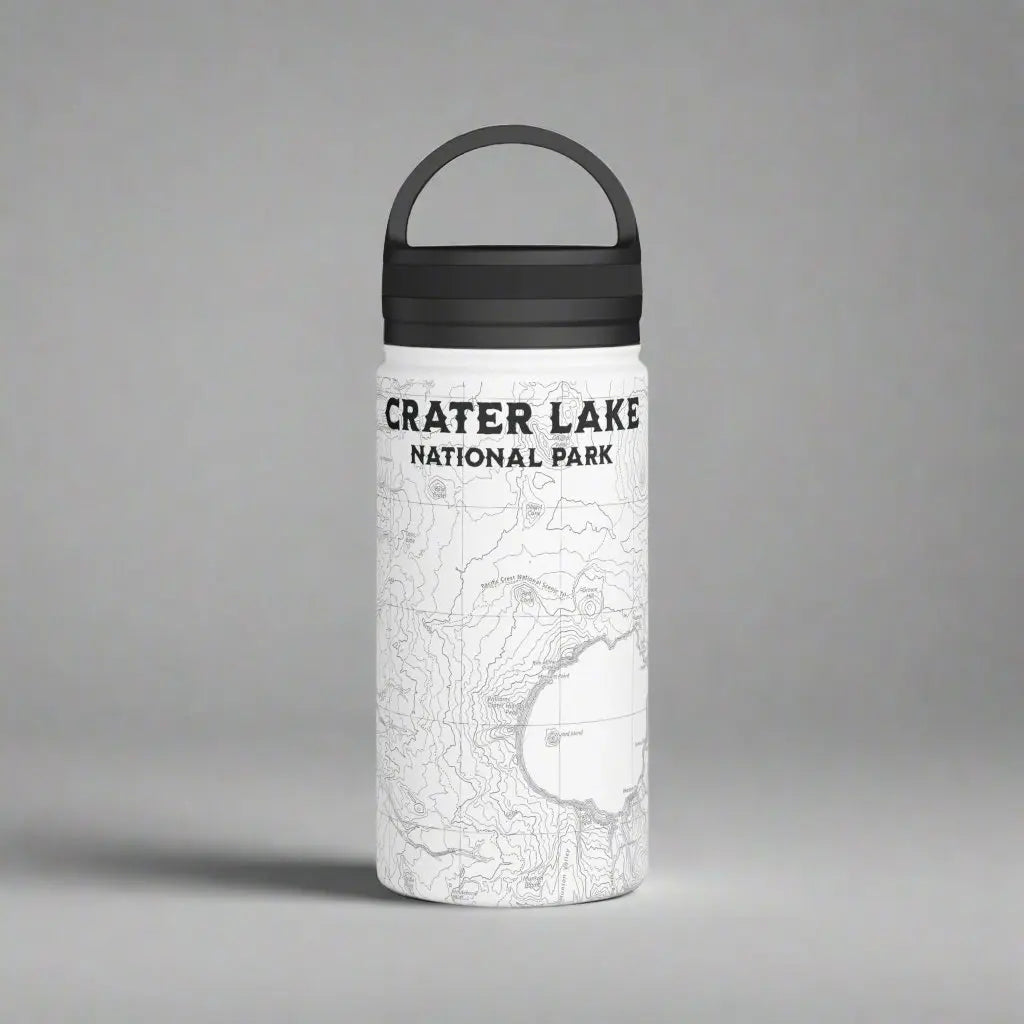 Crater Lake National Park Topographic Stainless Steel Water Bottle Handle Lid water bottle Printify White 12oz