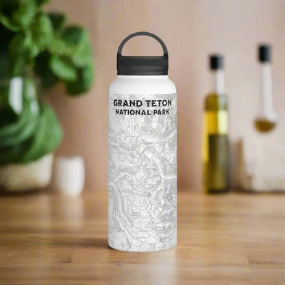 Grand Teton National Park Topographic Stainless Steel Water Bottle Handle Lid Mug Printify White 32oz