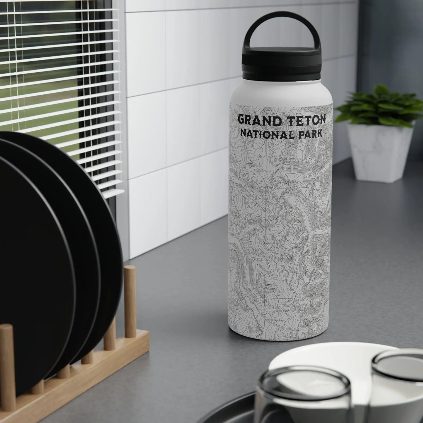 Grand Teton National Park Topographic Stainless Steel Water Bottle Handle Lid Mug Printify