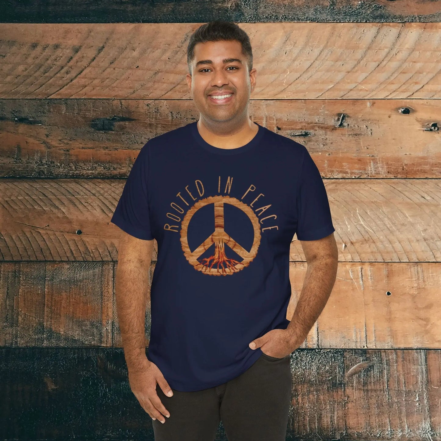 Rooted In Peace Sign Rustic Wood Look Unisex Fit Short Sleeve T-Shirt Tree Roots T-Shirt Printify