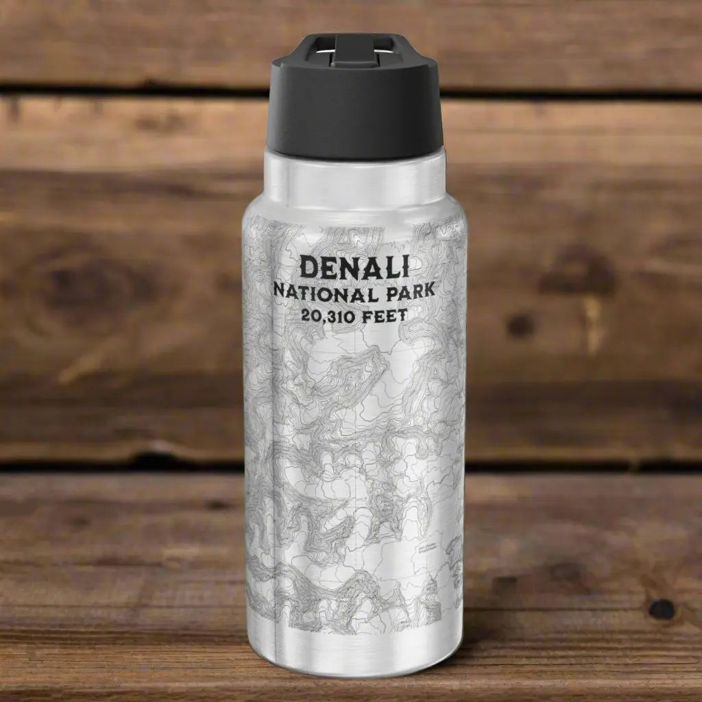 Denali National Park Topographic Insulated Water Bottle Tumbler 32oz Real USGS Topo Map Print Mug Printify Silver 32oz