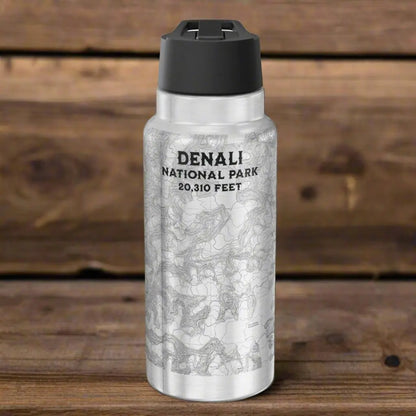 Denali National Park Topographic Insulated Water Bottle Tumbler 32oz Real USGS Topo Map Print Mug Printify Silver 32oz