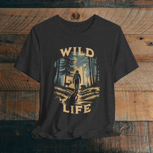 Wild Life Hike Backpacker Unisex T-shirt T-Shirt Printify Dark Grey Heather XS