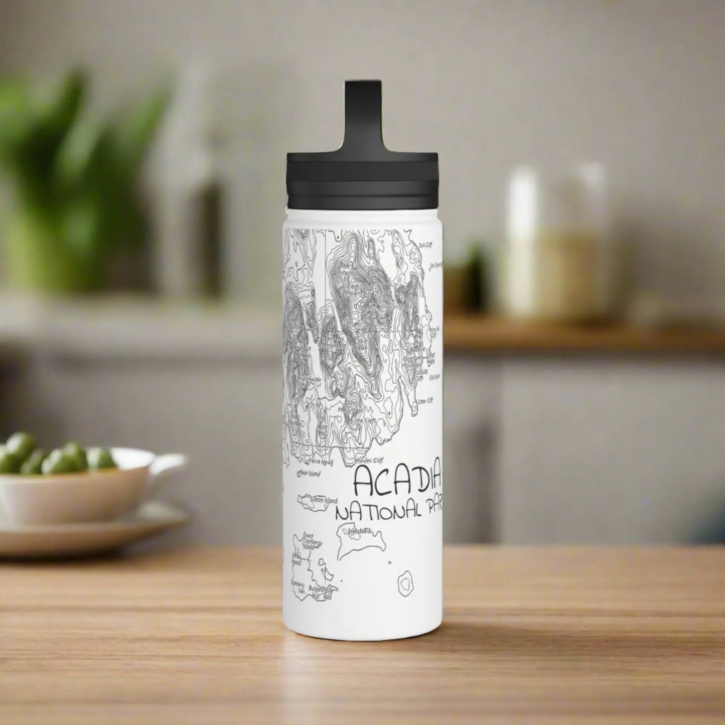 Acadia National Park Stainless Steel Water Bottle (3 Sizes, 3 Lid Styles) Mug Printify White 18oz Handle